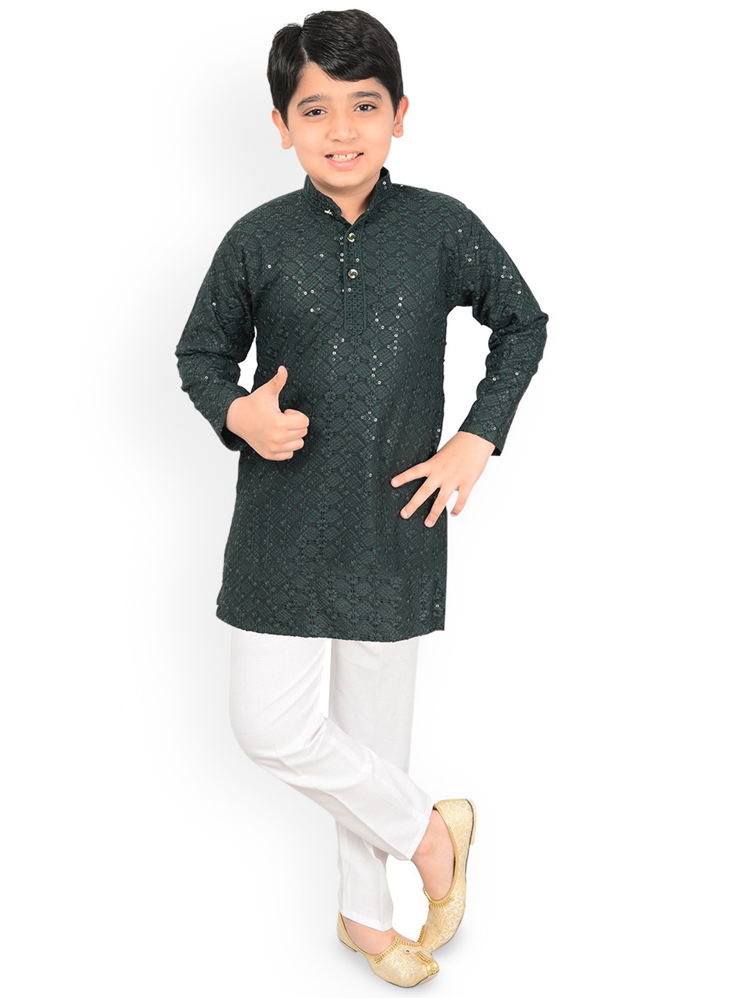 

Little Needle Boys Floral Embroidered Regular Chikankari Kurta with Trousers, Green