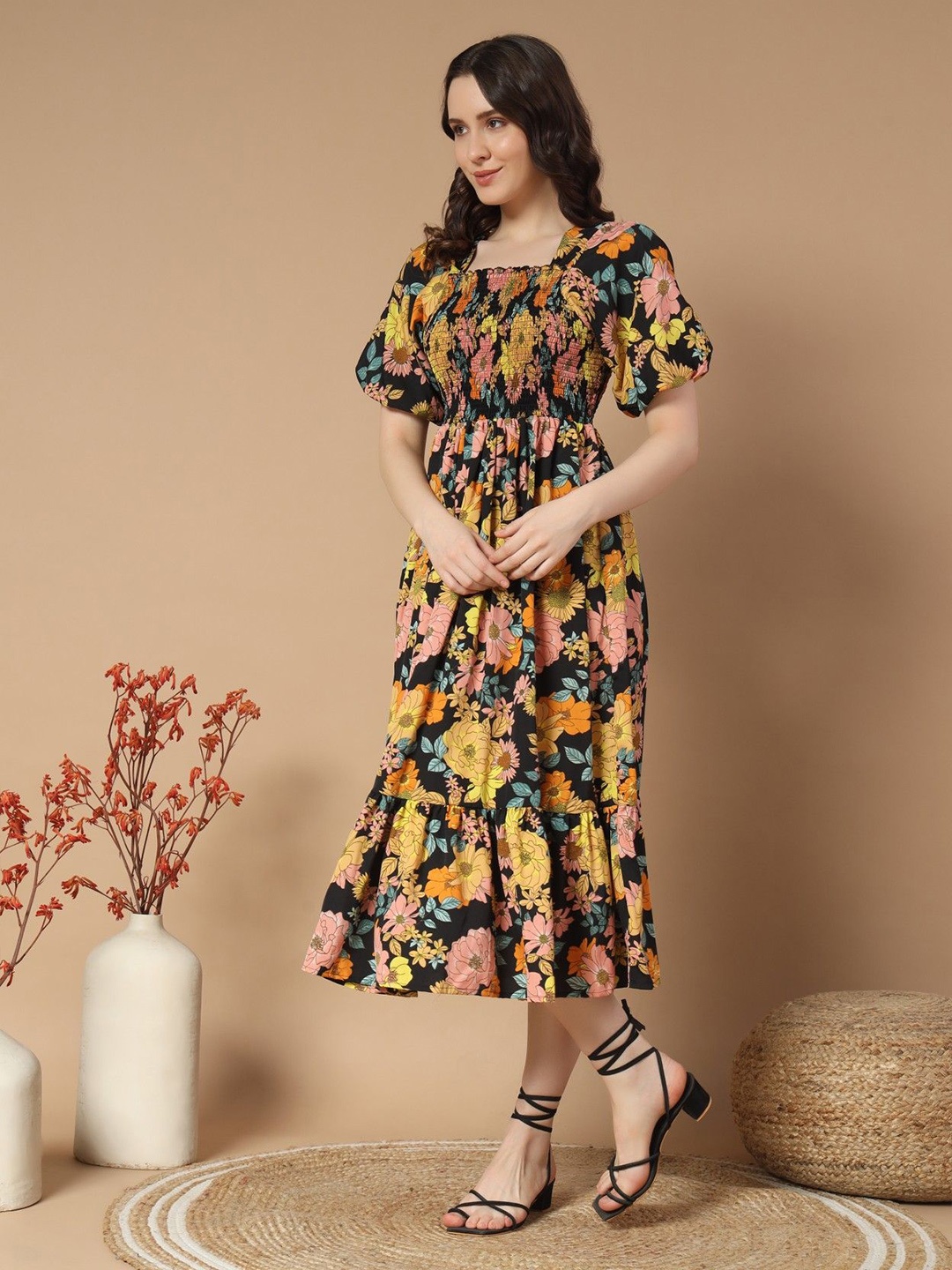 

Raiyani Enterprise Women Floral Printed Puff Sleeve Fit & Flare Dress, Yellow