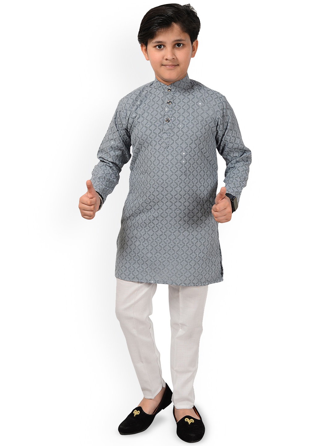 

Little Needle Boys Embroidered Regular Chikankari Kurta with Trousers, Grey