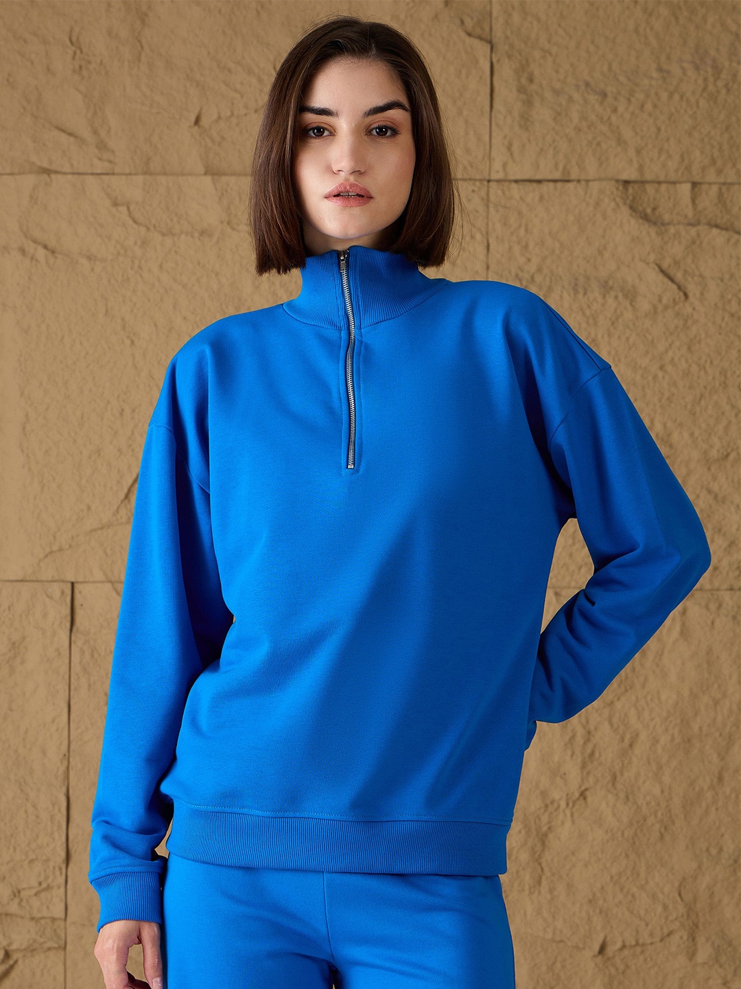 

SASSAFRAS Women High Neck Cotton Pullover Sweatshirt, Blue