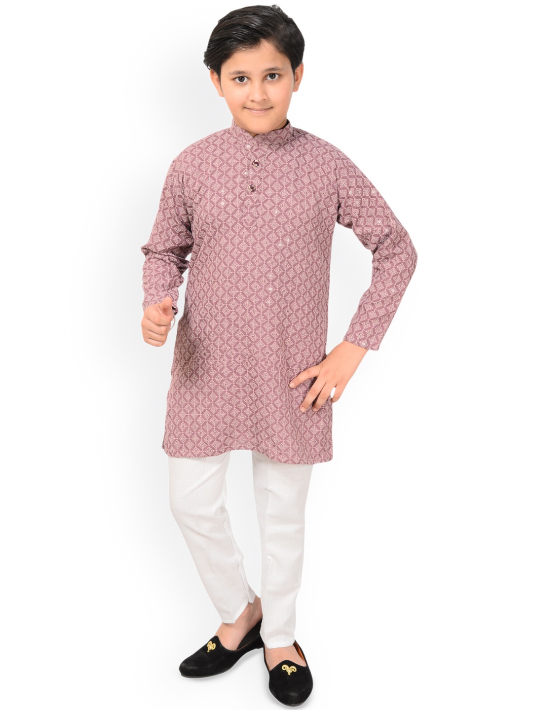 

Little Needle Boys Embroidered Regular Sequinned Kurta with Trousers, Pink