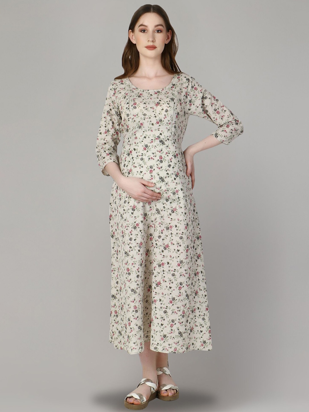 

Zuvino Women Floral Printed Maternity A-Line Midi Dress, Grey
