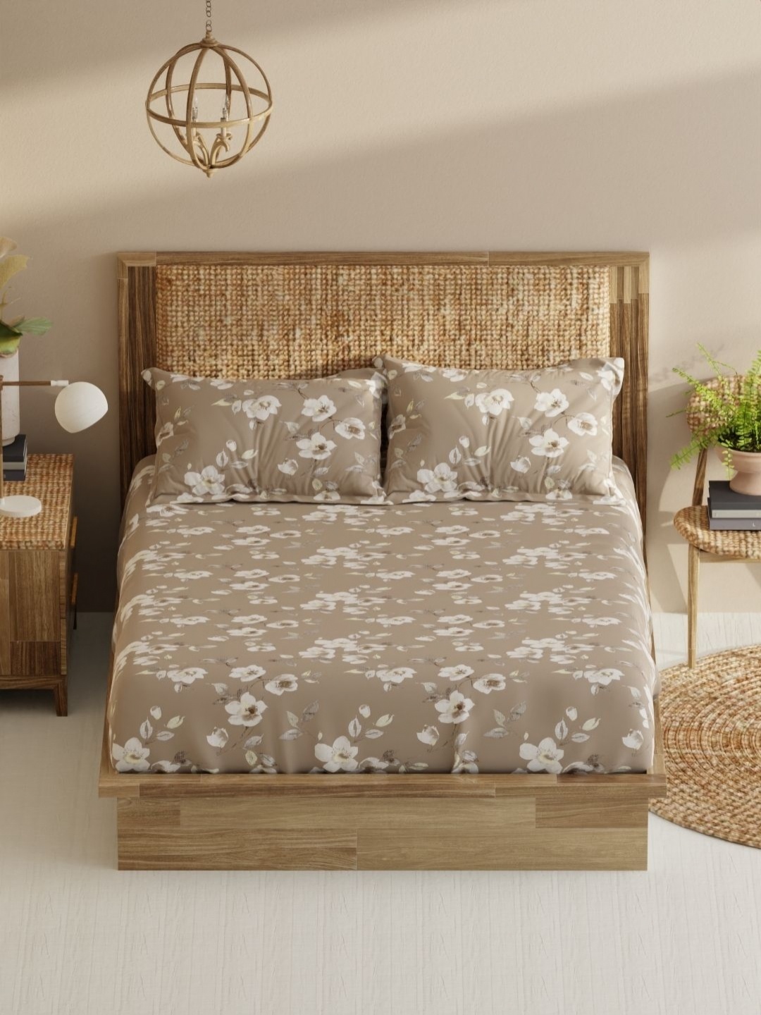 

BIANCA Brown & White Floral Pure Cotton 210 TC King Bedsheet Set 2.29 m X 2.74 m