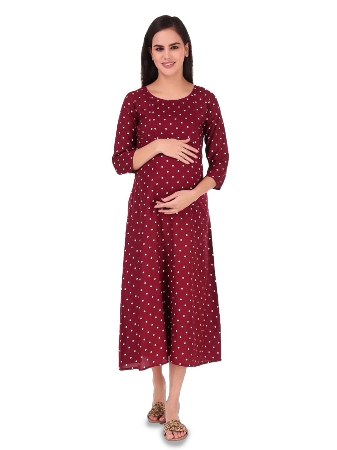 

Zuvino Women Polka Dot Print Maternity A-Line Midi Dress, Burgundy