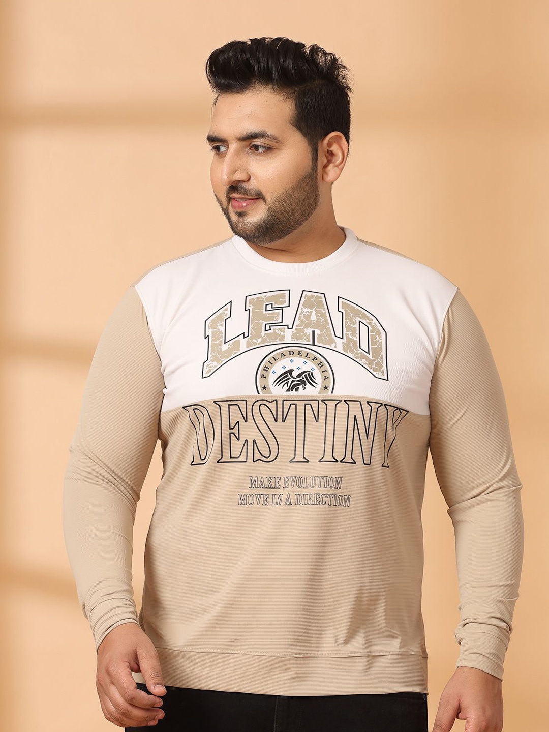 

plusS Men Long Sleeves Ribbed Sweatshirt, Beige
