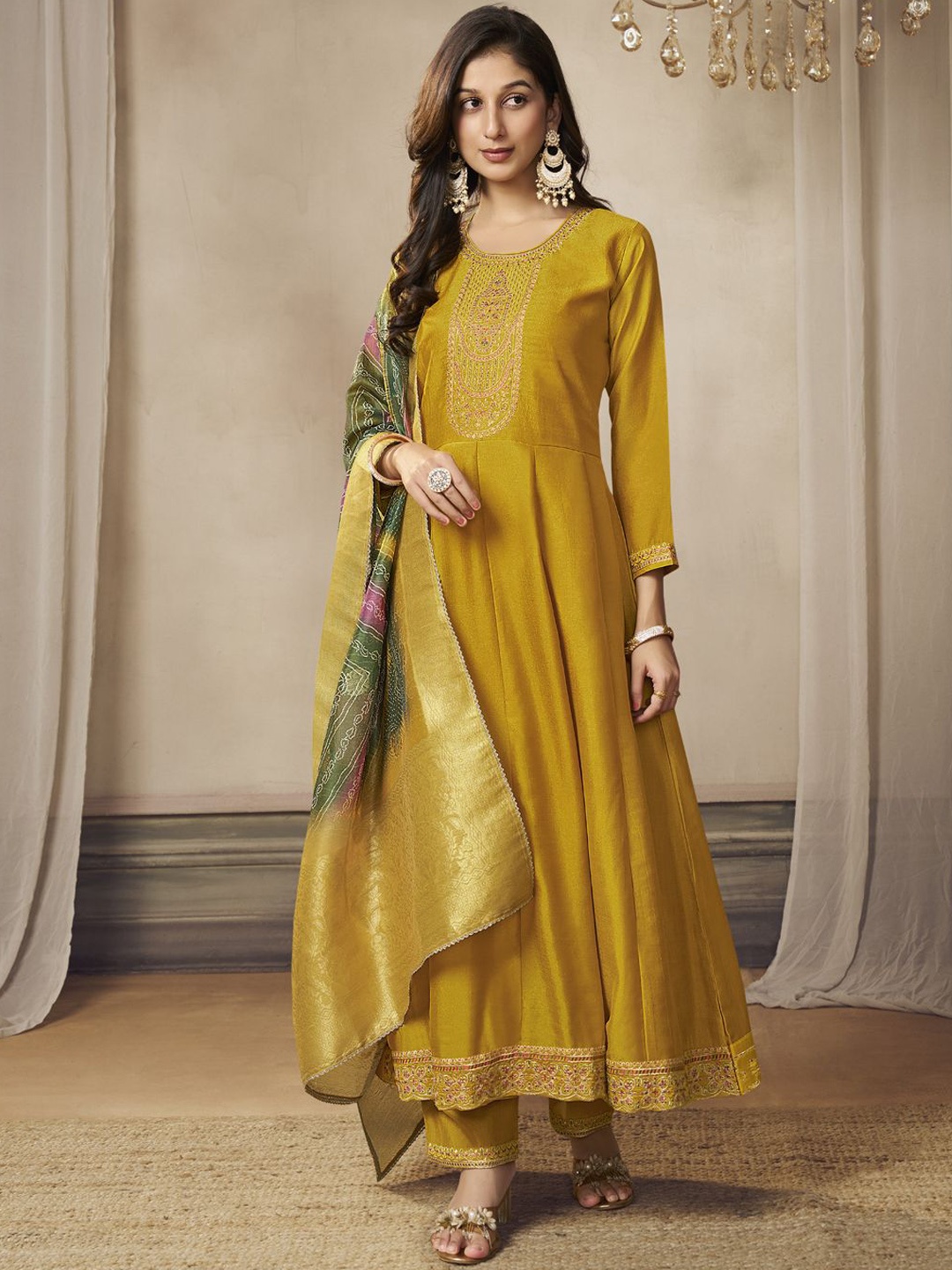 

Label Khoj Women Embroidered Regular Kurta with Trousers & With Dupatta, Mustard