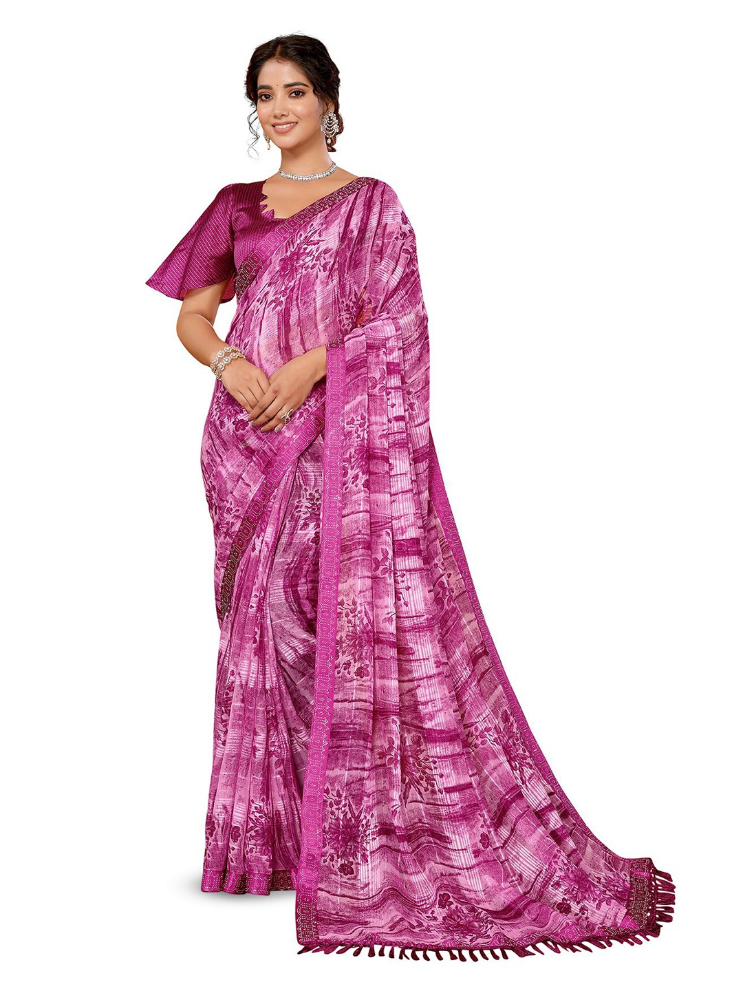 

KALINI Floral Printed Beads and Stones Saree, Purple