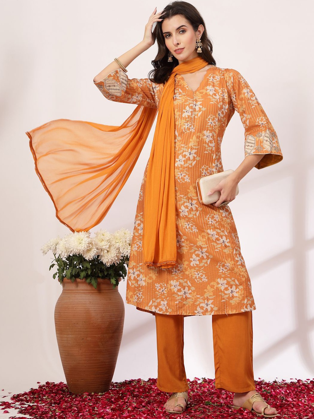 

Nayam By Lakshita Floral Printed Sequinned V-Neck A-Line Kurta With Palazzo & Dupatta, Yellow