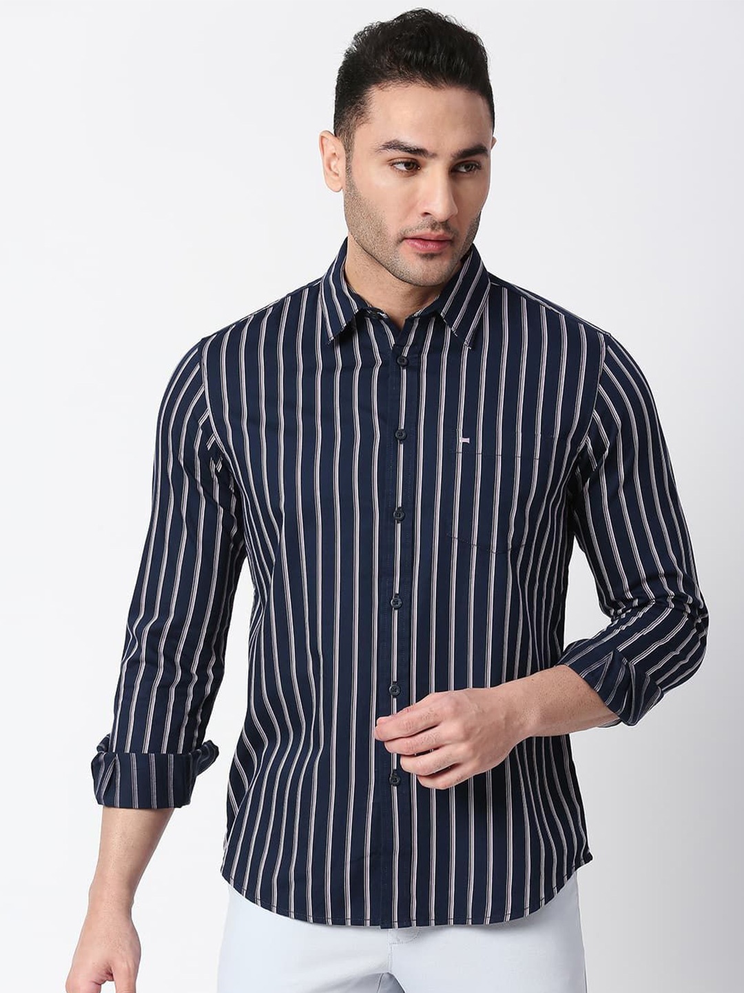

Basics Men Slim Fit Opaque Striped Casual Shirt, Blue