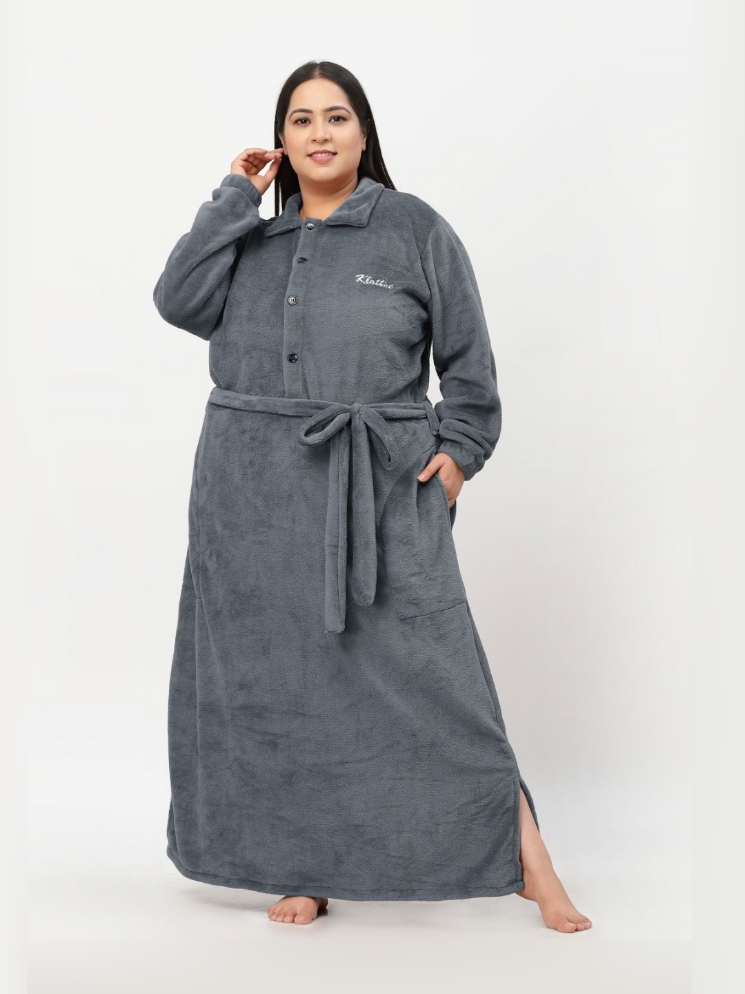 

KLOTTHE Plus Size Grey Wollen Long Sleeves Bath Robe With Belt