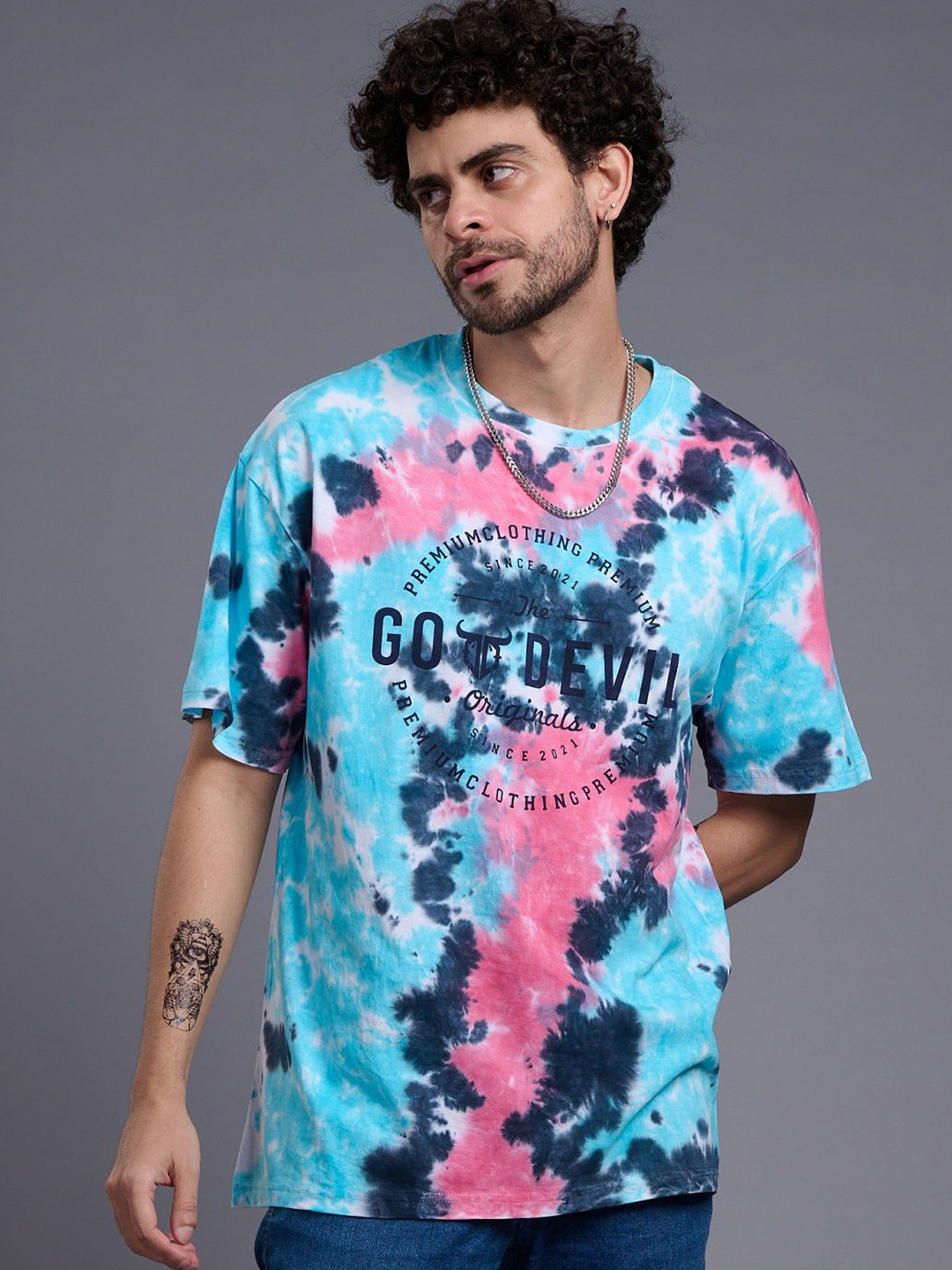 

GO DEVIL Men Striped Tropical Applique T-shirt, Turquoise blue