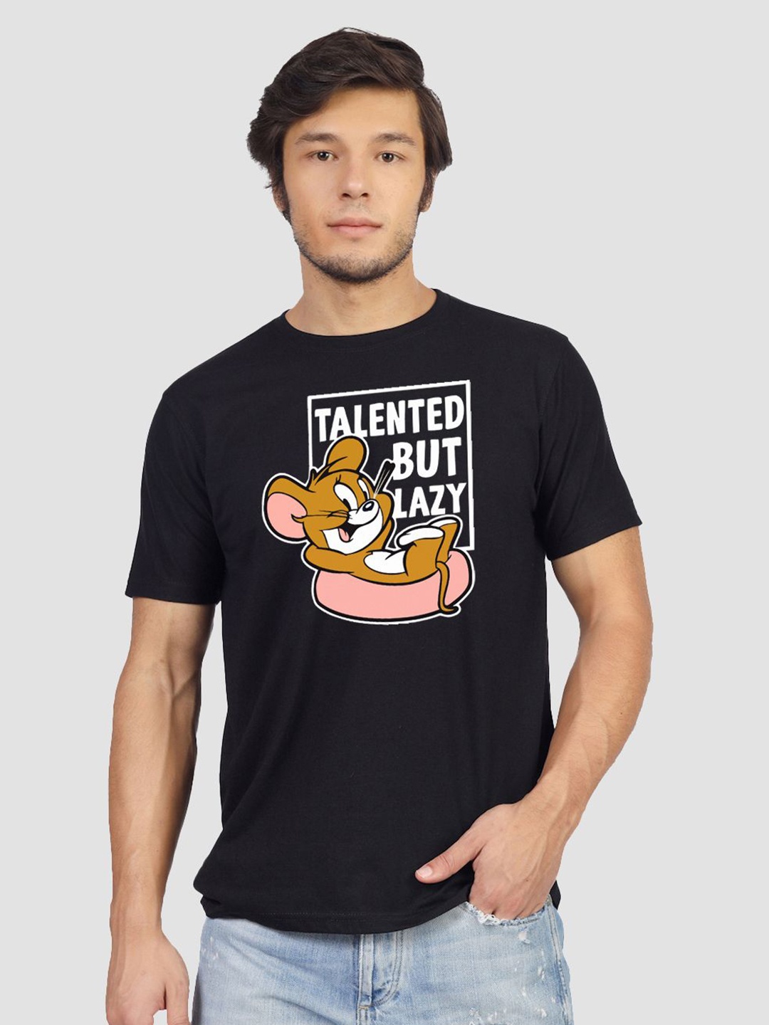 

Greylongg Men Graphic Printed Round Neck Cotton Tom & Jerry T-shirt, Black
