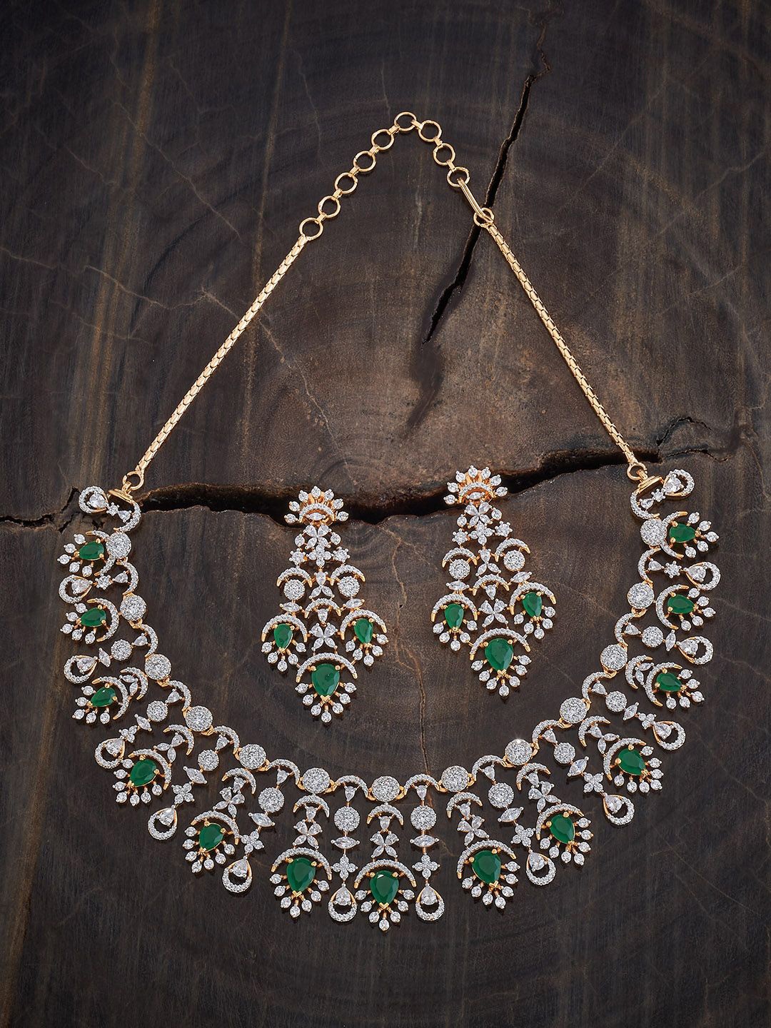 

Kushal's Fashion Jewellery Rhodium Gold-Plated CZ Studded Necklace and Earrings