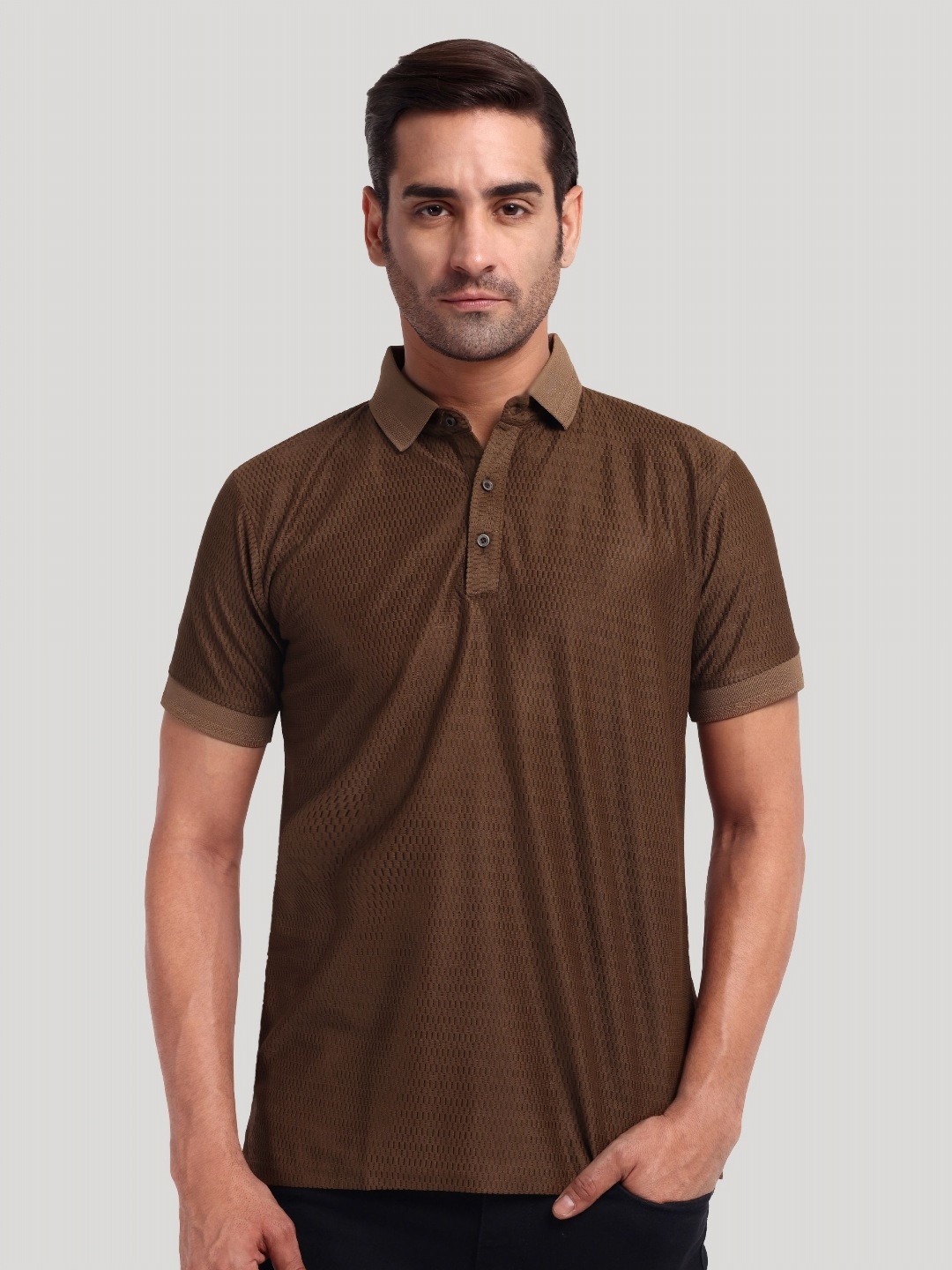 

LUXURIT Men Polo Collar Pockets T-shirt, Brown