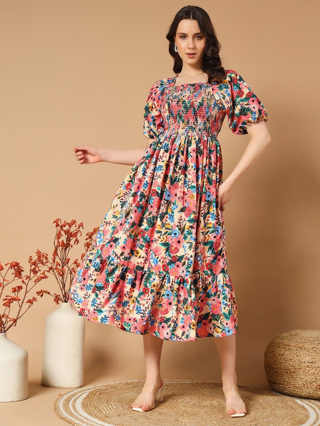 

Femvy Ethnic Motifs Printed Square Neck Puff Sleeves Smocked Fit and Flare Midi Dress, Pink