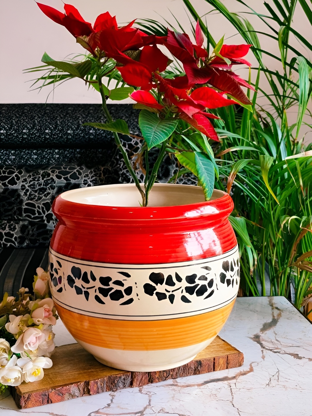 

NIYARA Red & White Printed Ceramic Round Planter
