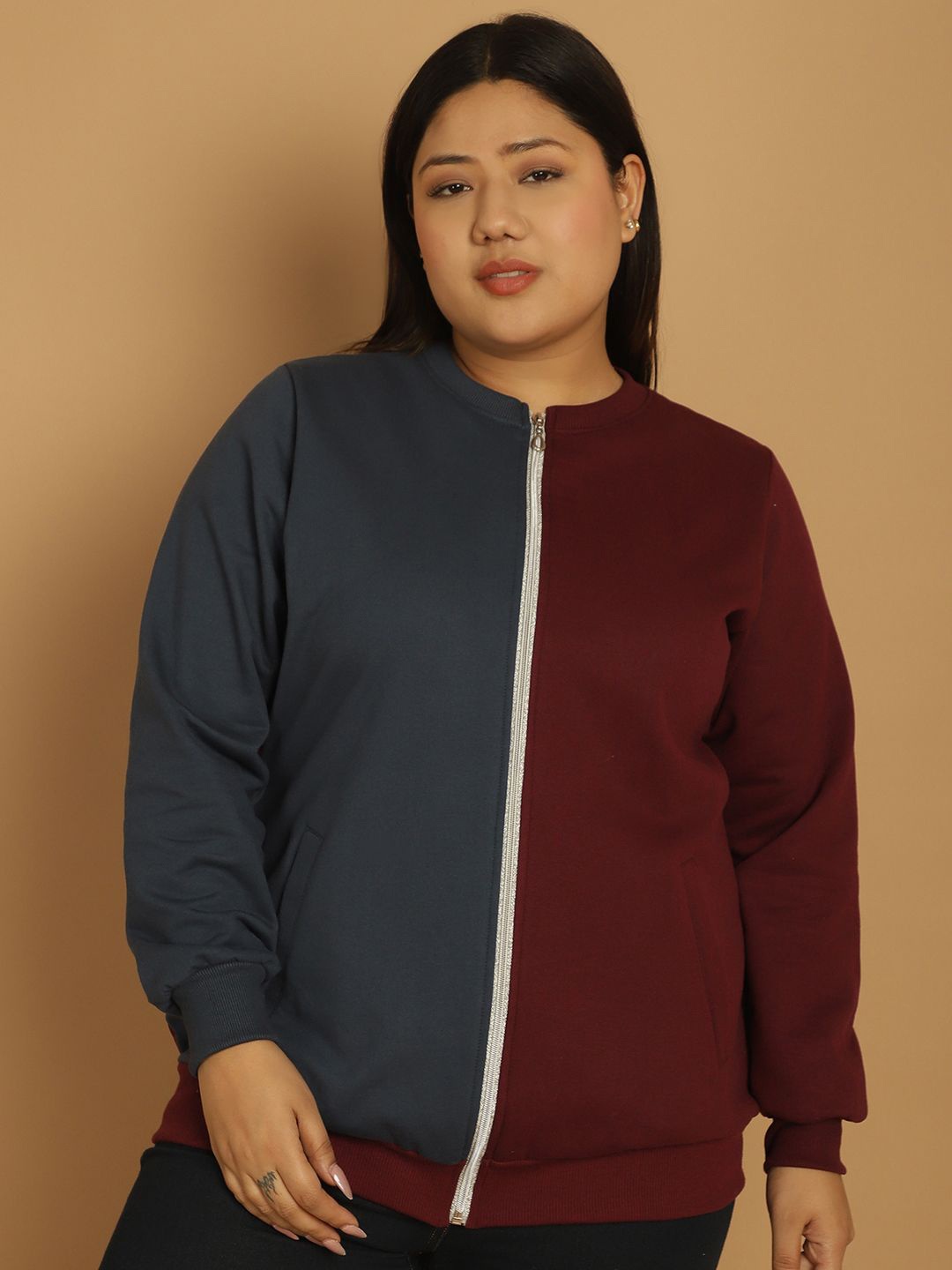 

theRebelinme Women Colourblocked Fleece Open Front Jacket, Burgundy