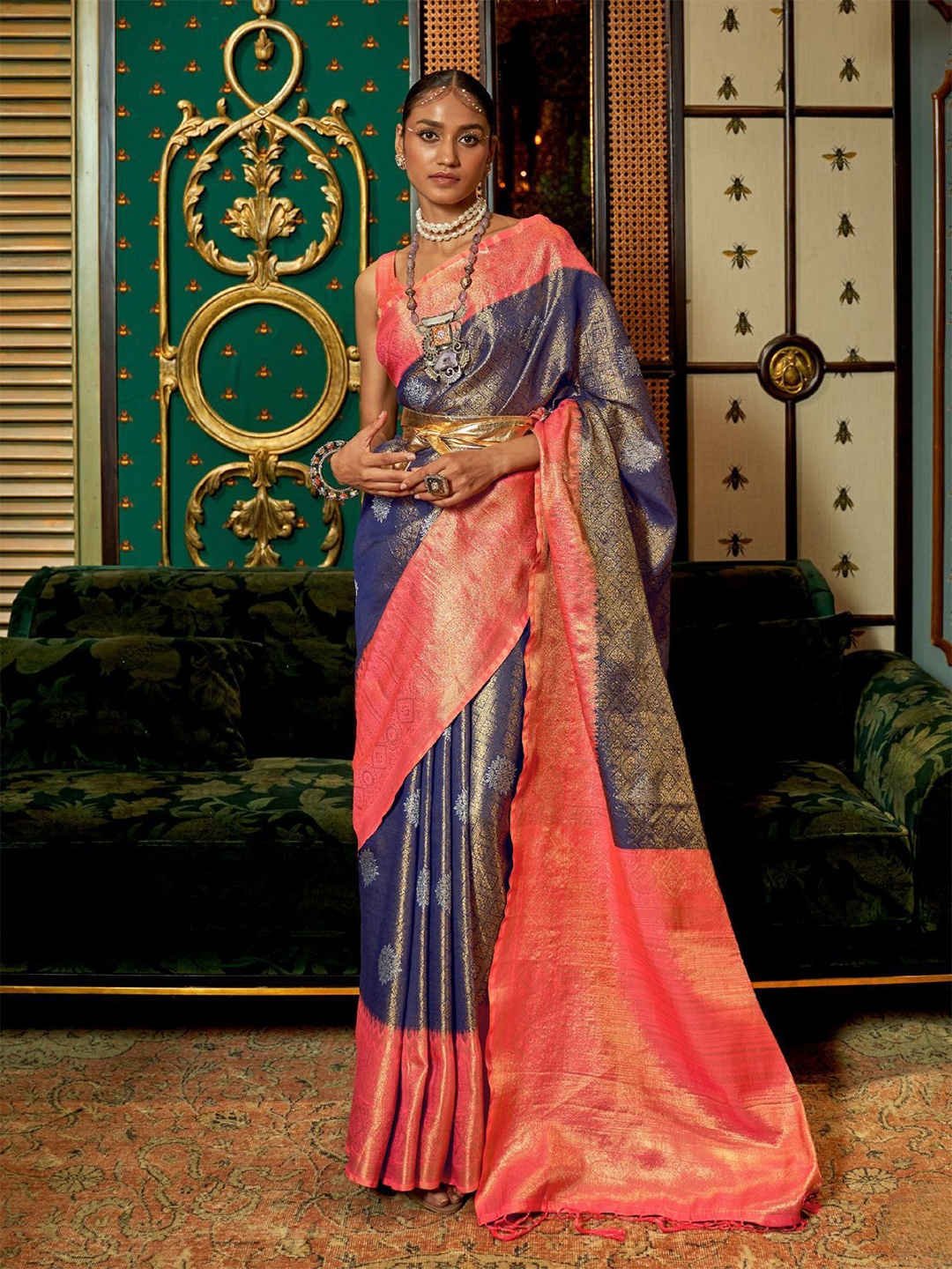 

ODETTE Woven Design Zari Kanjeevaram Saree, Blue