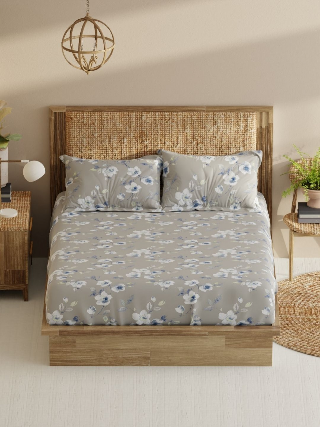 

BIANCA Monkler Grey Floral Printed 210 TC Pure Cotton King Bedsheet Set 2.74 m X 2.29 m