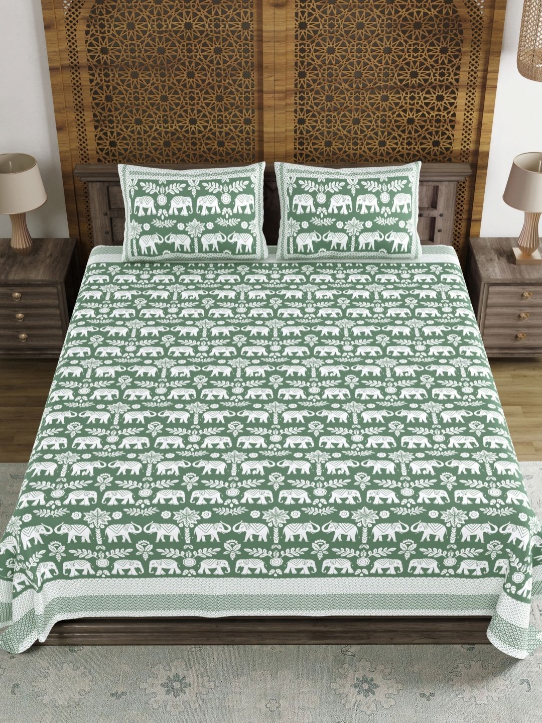 

BLOCKS OF INDIA Green Ethnic Motifs Pure Cotton 210 TC King Bedsheet Set 2.69 m x 2.69 m