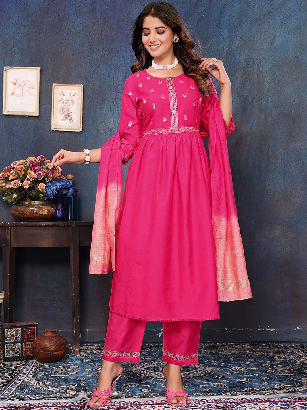 

Rangita Women Ethnic Motifs Embroidered Regular Kurta with Trousers & With Dupatta, Pink