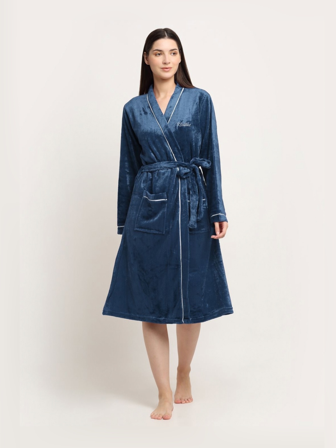 

KLOTTHE Turquoise Blue Woolen Long Sleeves Bath Robe With Belt