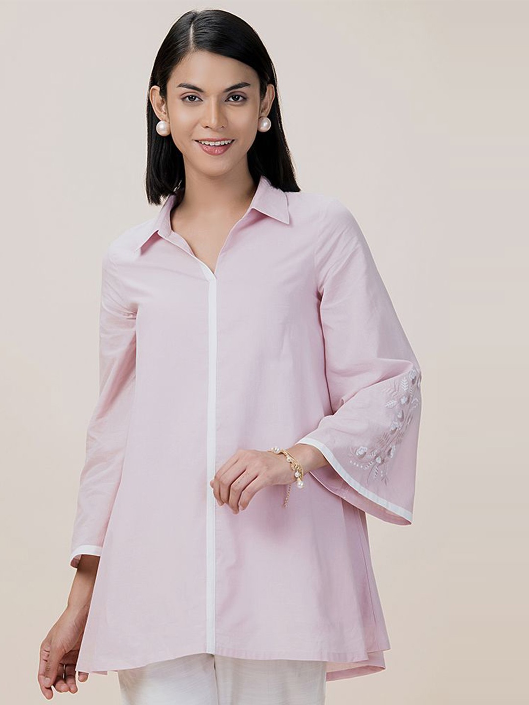 

BARARA ETHNIC Women Shirt Collar Tunic With Embroidered Detailed, Pink