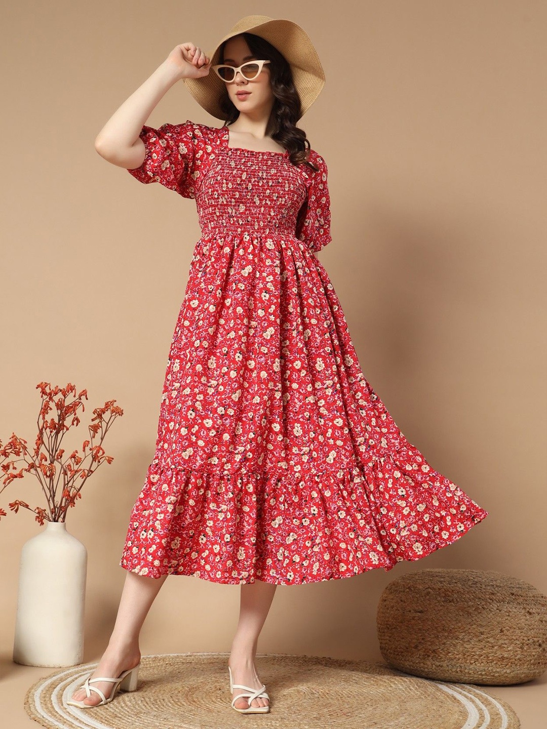 

Raiyani Ethnic Motifs Printed Square Neck Puff Sleeves Smocked Fit and Flare Midi Dress, Red