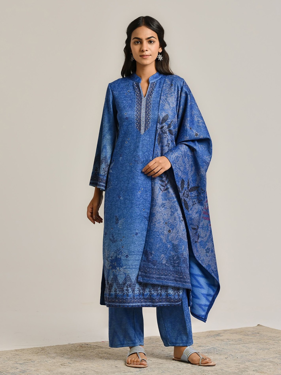 

Rustorange Floral Printed Sequinned Pure Wool A Line Kurta with Trousers & Dupatta, Blue