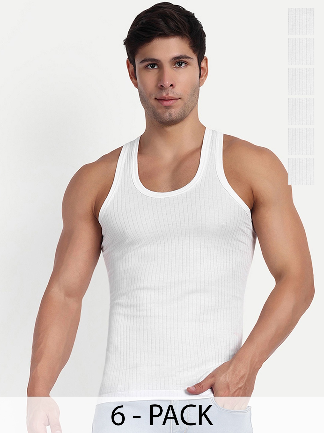 

KANSAL Men Pack Of 6 Striped Cotton Gym Innerwear Vests, White