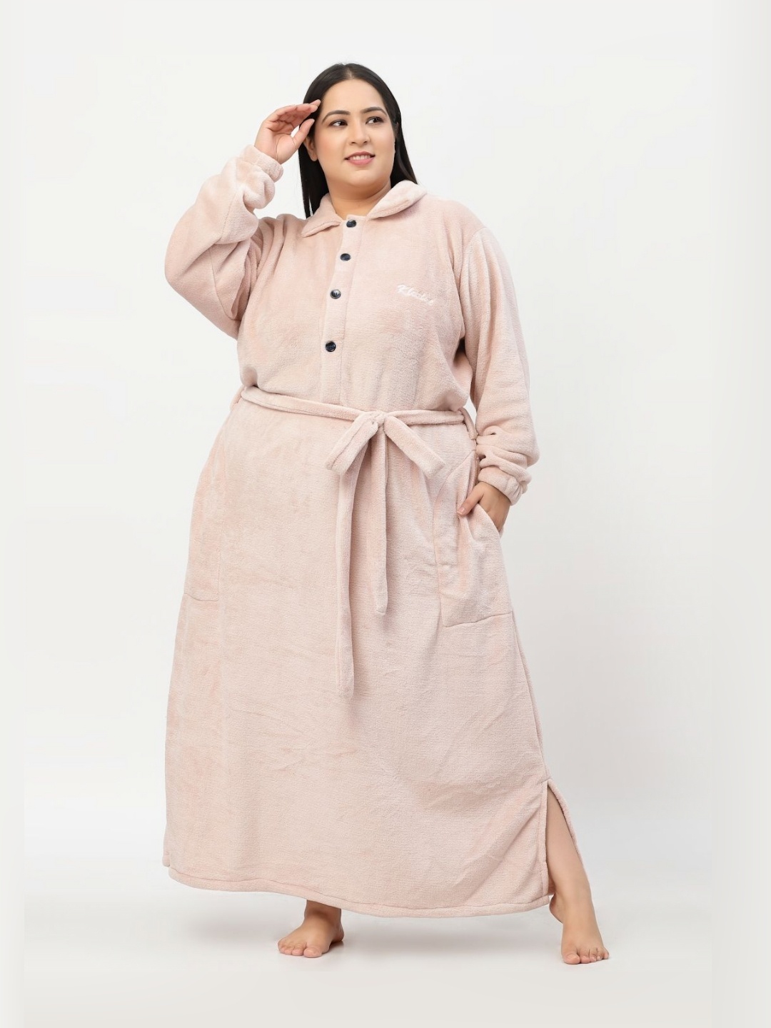 

KLOTTHE Plus Size Long Sleeve Woolen Bath Robe With Belt, Pink