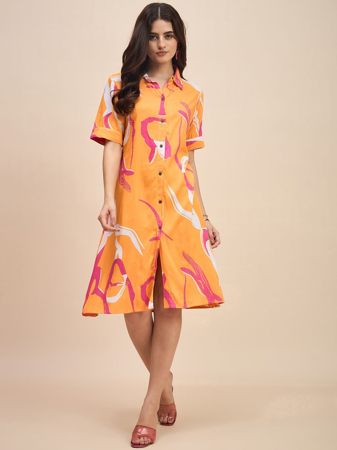 

TRUVON FASHIONS Women Printed Shirt Collar A-Line Dress, Orange