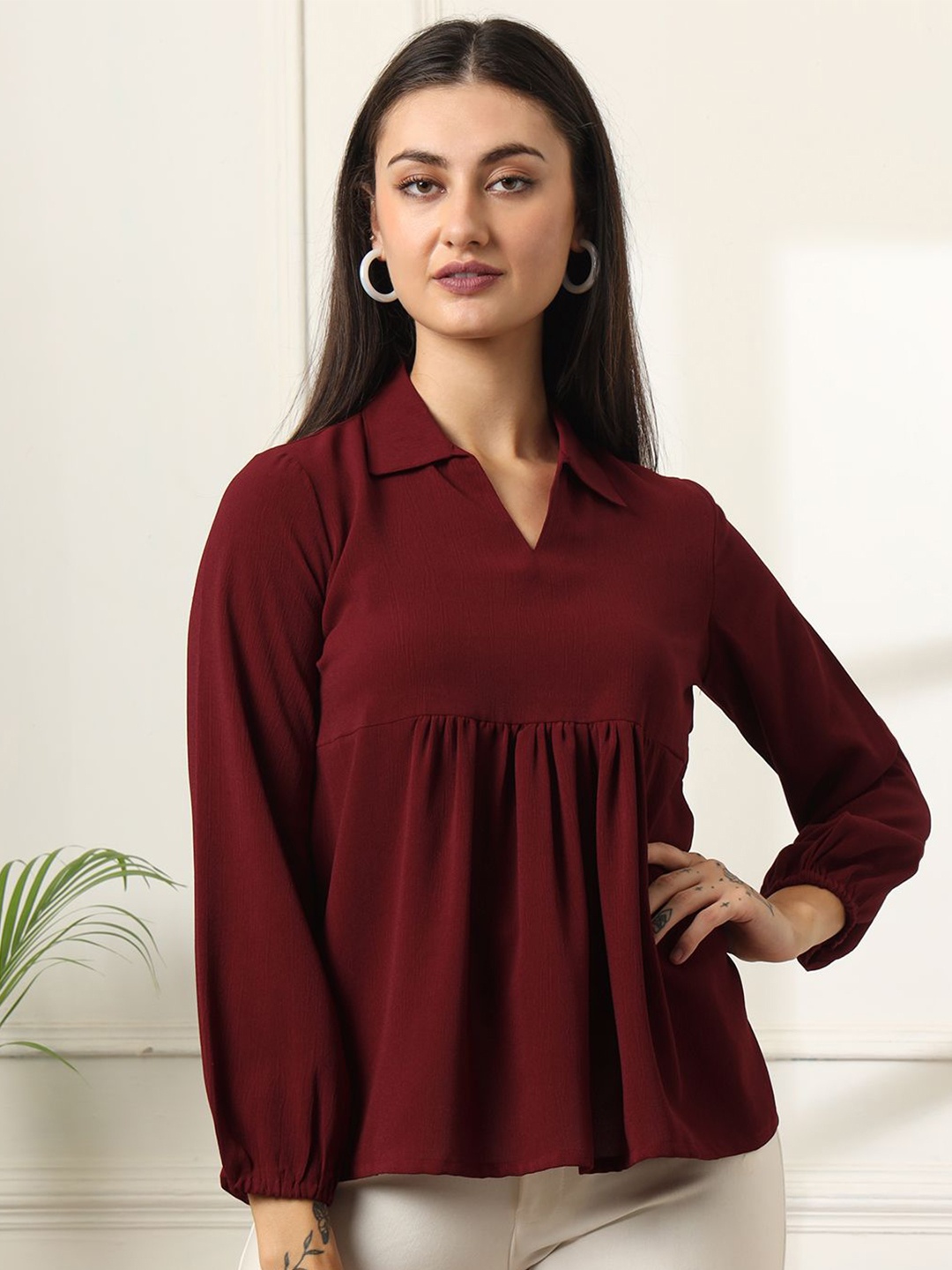 

FITHUB Women Long Sleeves Shirt Collar Top, Maroon
