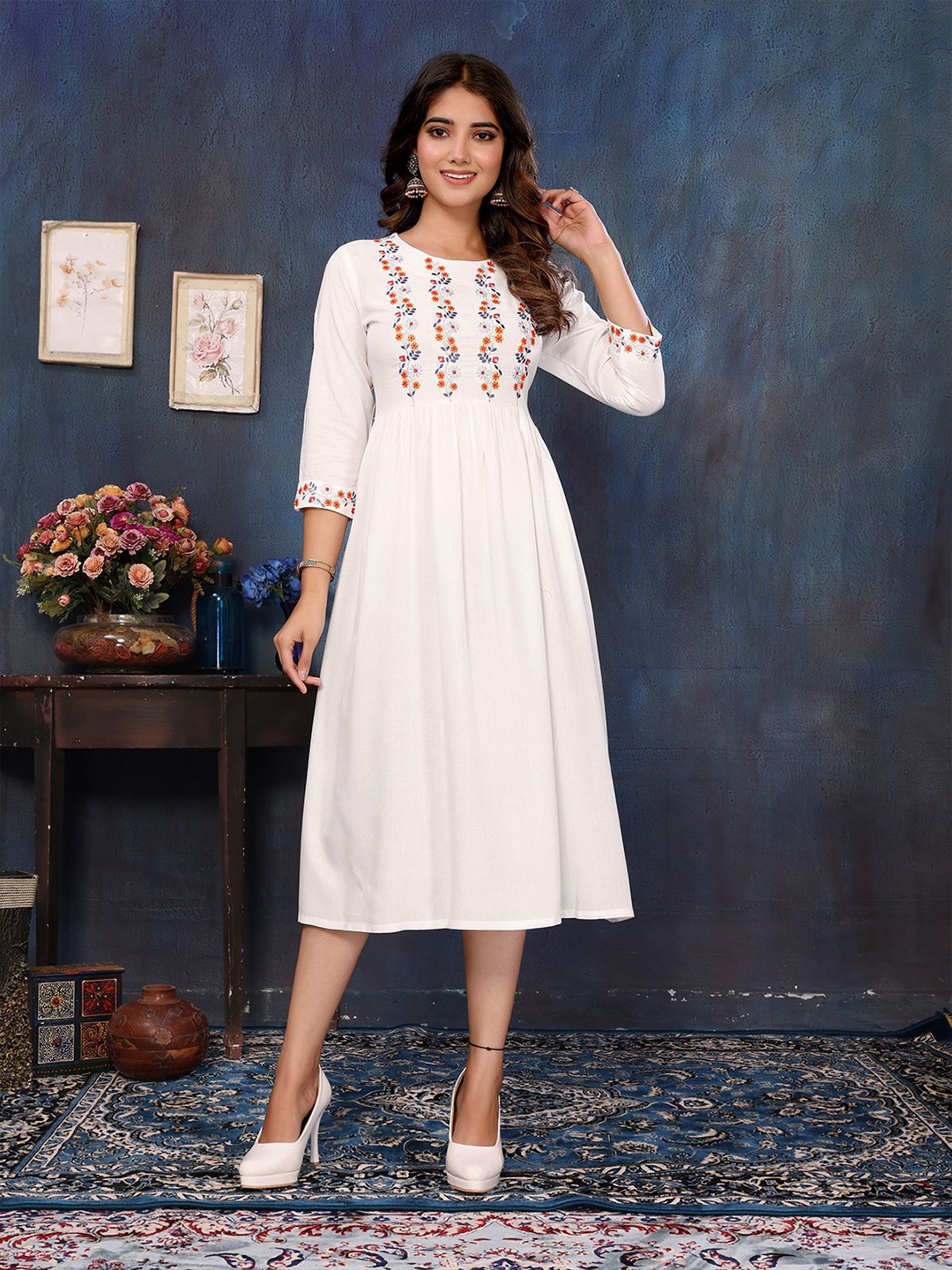 

Rangita Embroidered Empire Dress, White