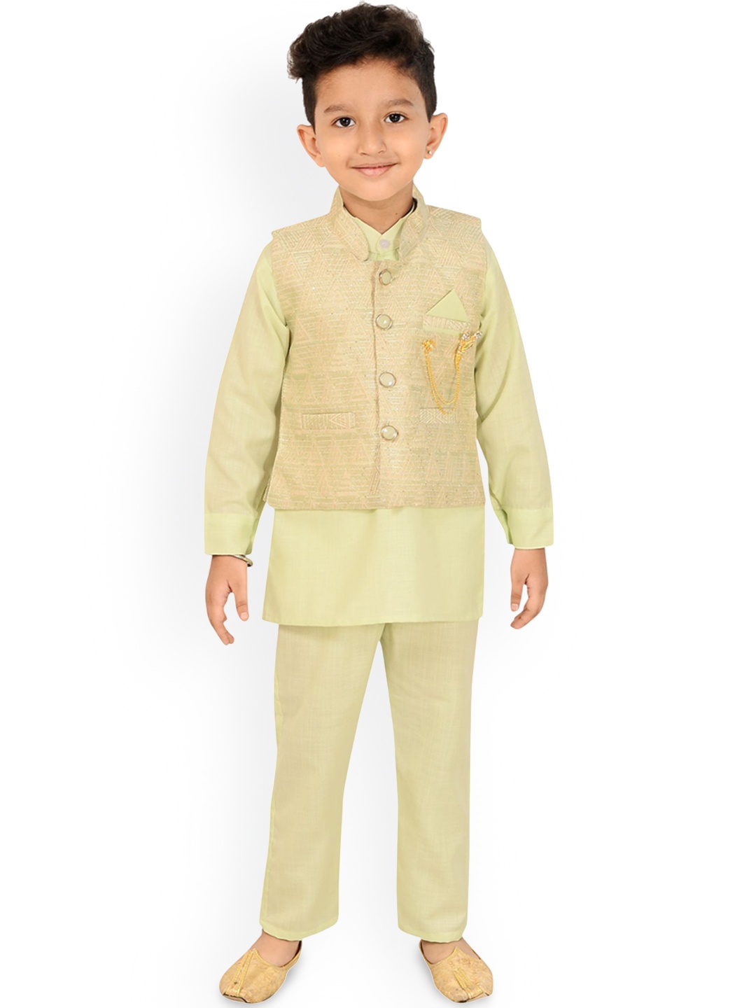 

Little Needle Boys Ethnic Motifs Embroidered Regular Linen Kurta with Trousers, Green