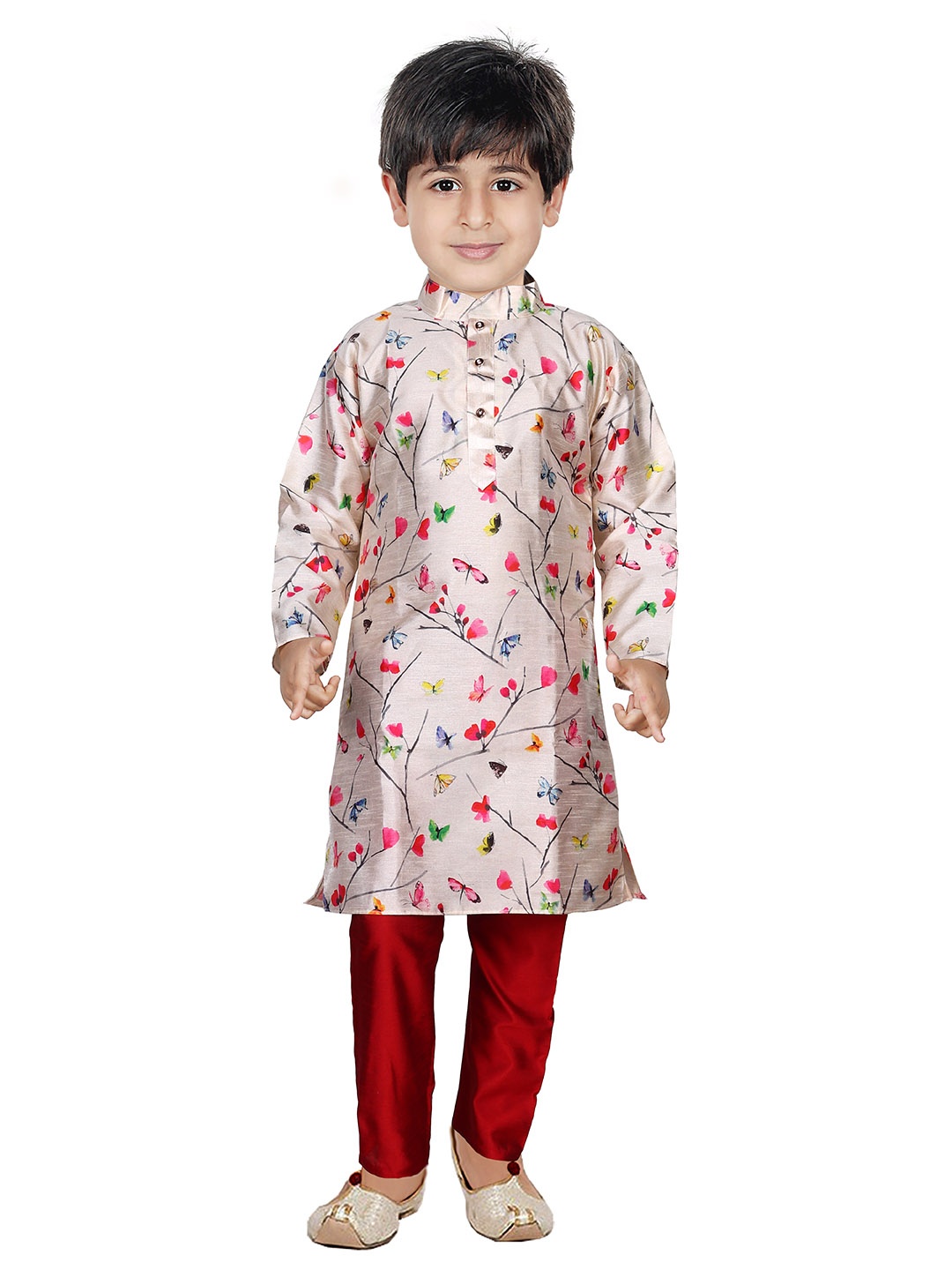 

BAESD Boys Floral Printed Regular Dupion Silk Kurta with Pyjamas, Beige