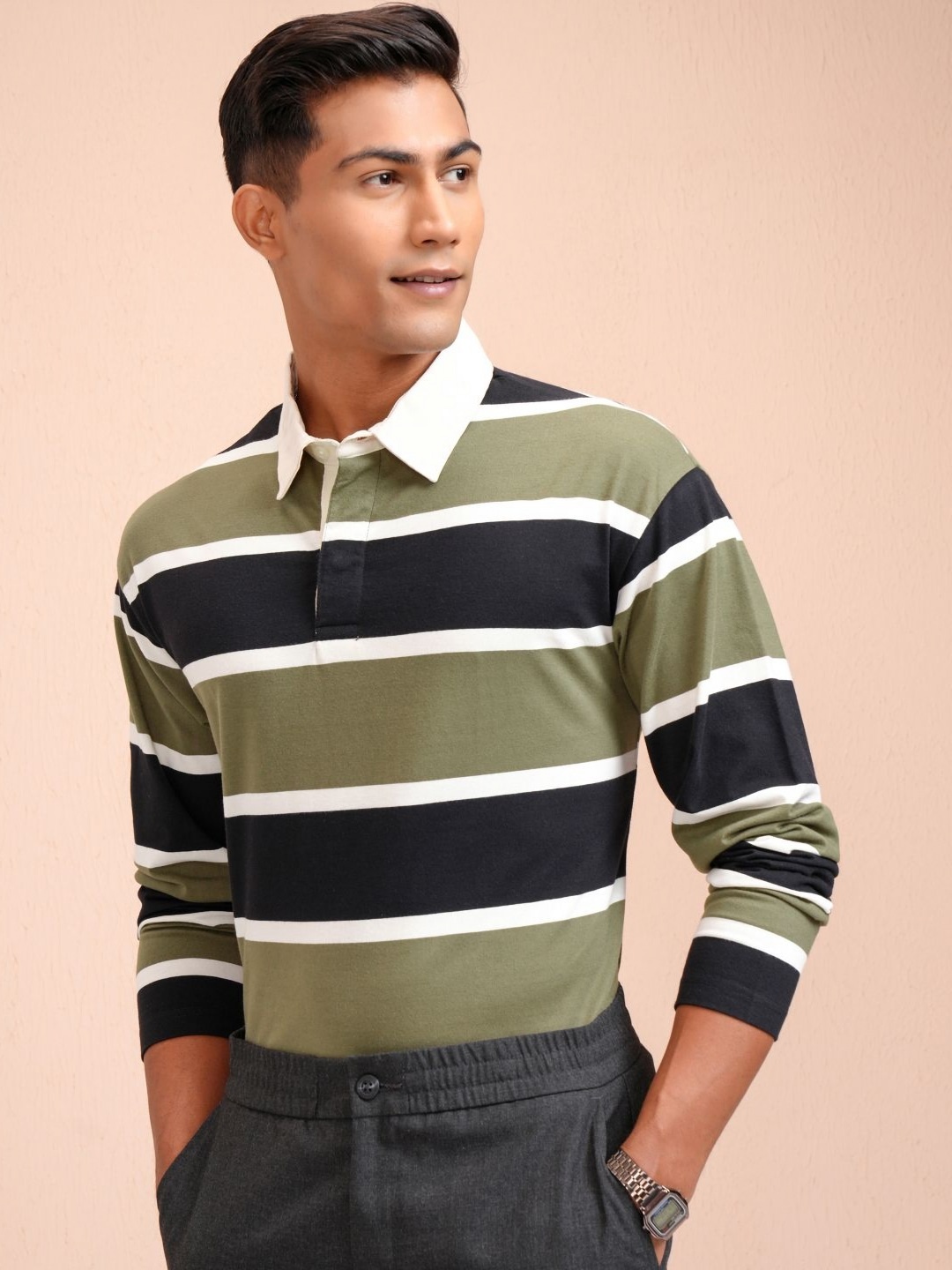 

HIGHLANDER Men Striped Polo Collar T-shirt, Black