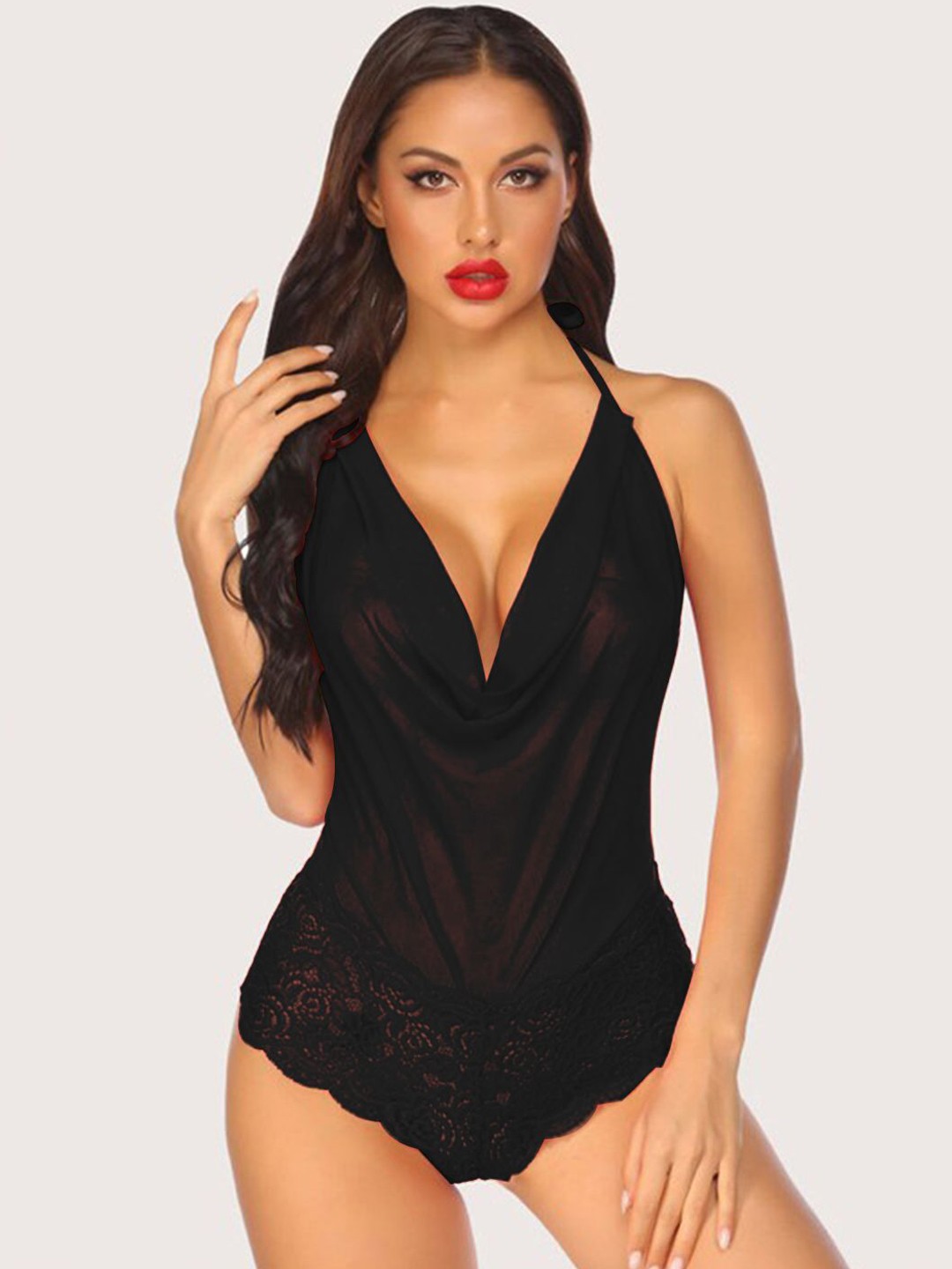 

VAGHBHATT Women Self Design Net Halter Neck Baby Doll, Black