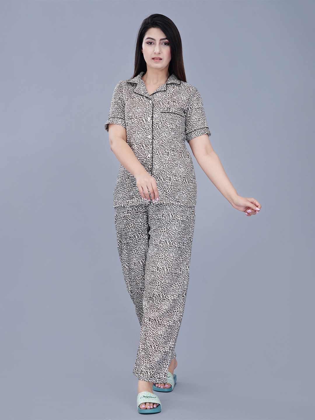 

Dreambe Women Animal Printed Shirt With Pyjama Nightsuit, Cream