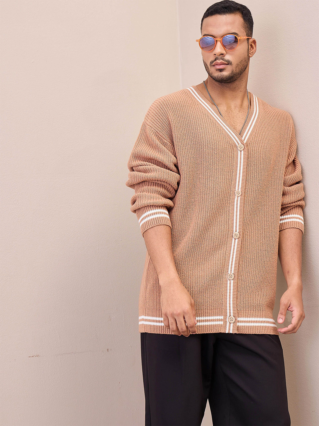 

MASCLN SASSAFRAS Men Striped Long Sleeves Cardigan, Beige