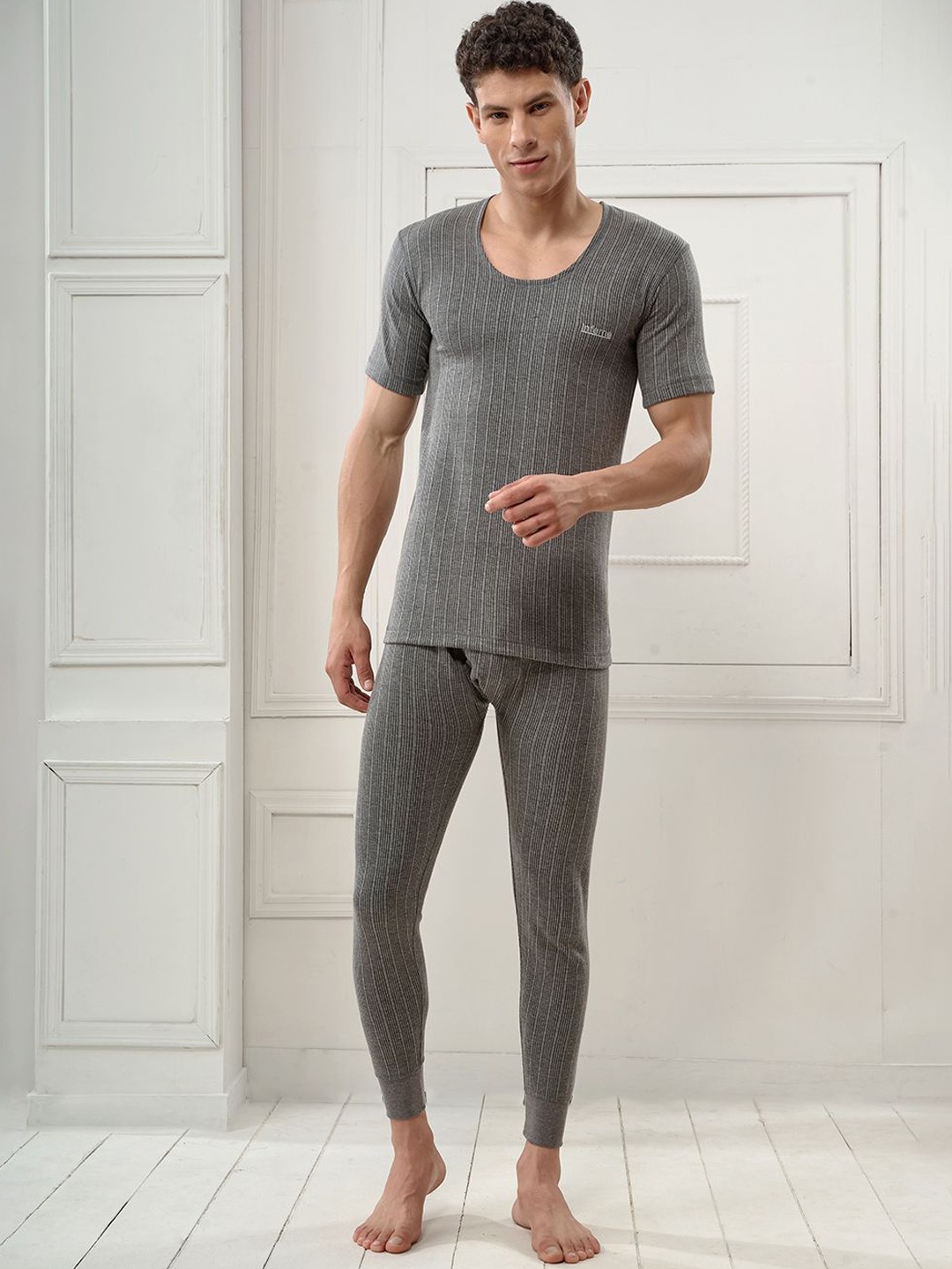 

INFERNO Men Striped Cotton Thermal Set, Grey