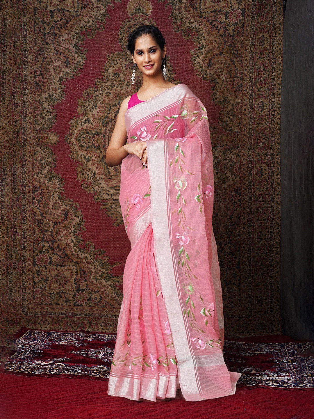 

Unnati Silks Floral Printed Zari Net Handloom Kota Saree, Pink