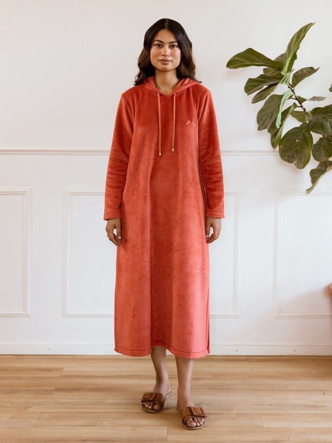 

FEATHERS CLOSET Women Hooded Velvet A-Line Dress, Rust
