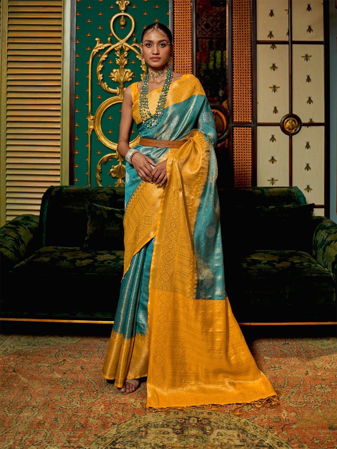 

ODETTE Woven Design Zari Saree With Unstitched Blouse, Blue