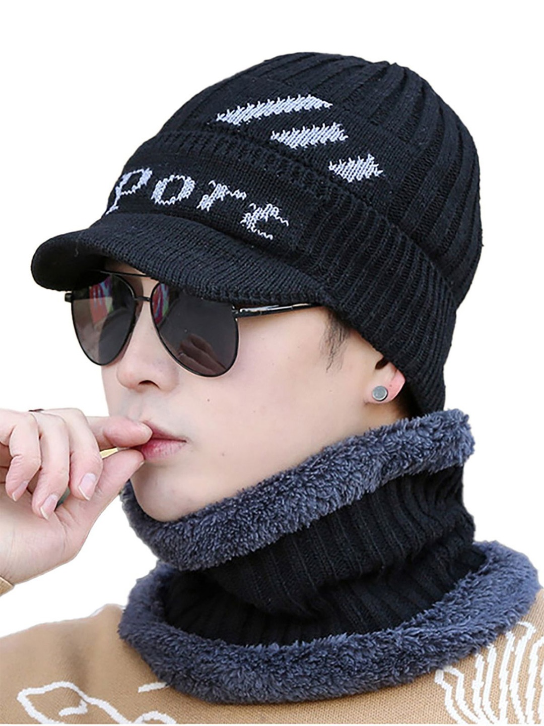 

YOUSTYLO Unisex Printed Woollen Beanie, Black