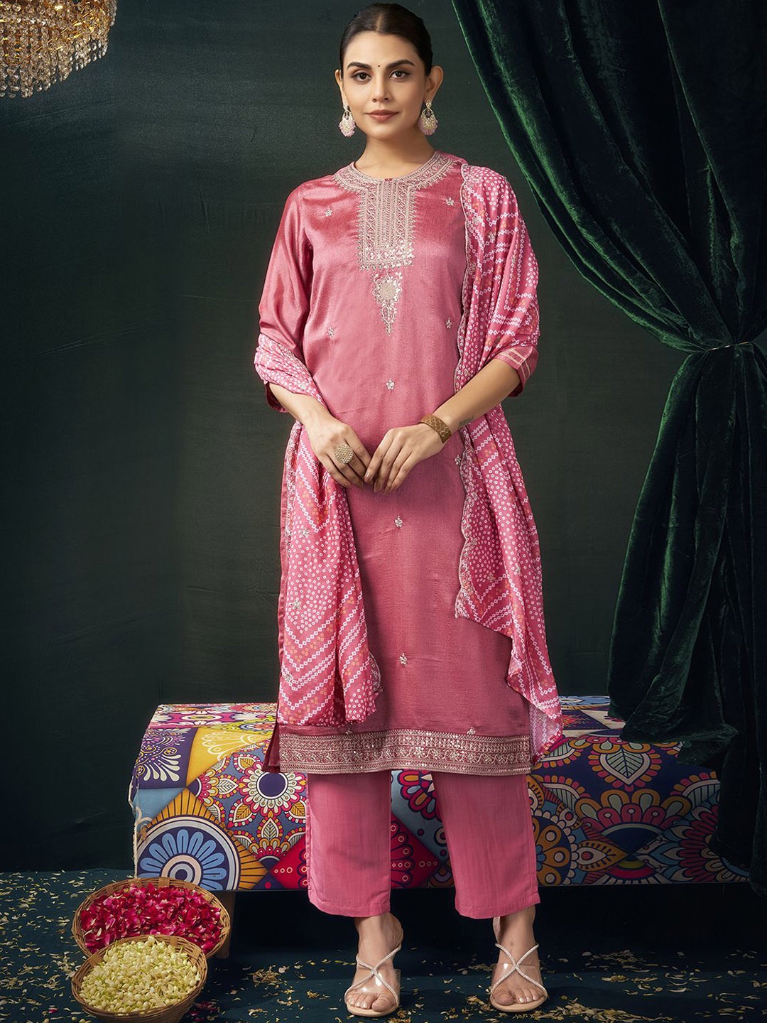 

KALINI Women Embroidered Regular Sequinned Kurta with Trousers & With Dupatta, Pink