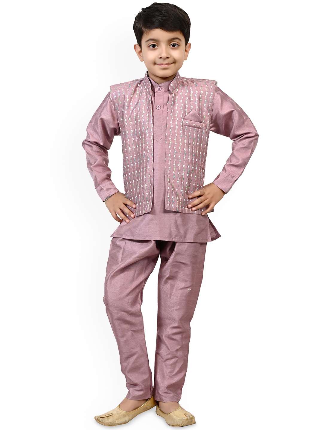 

Little Needle Boys Embroidered Regular Thread Work Kurta with Pyjamas, Lavender