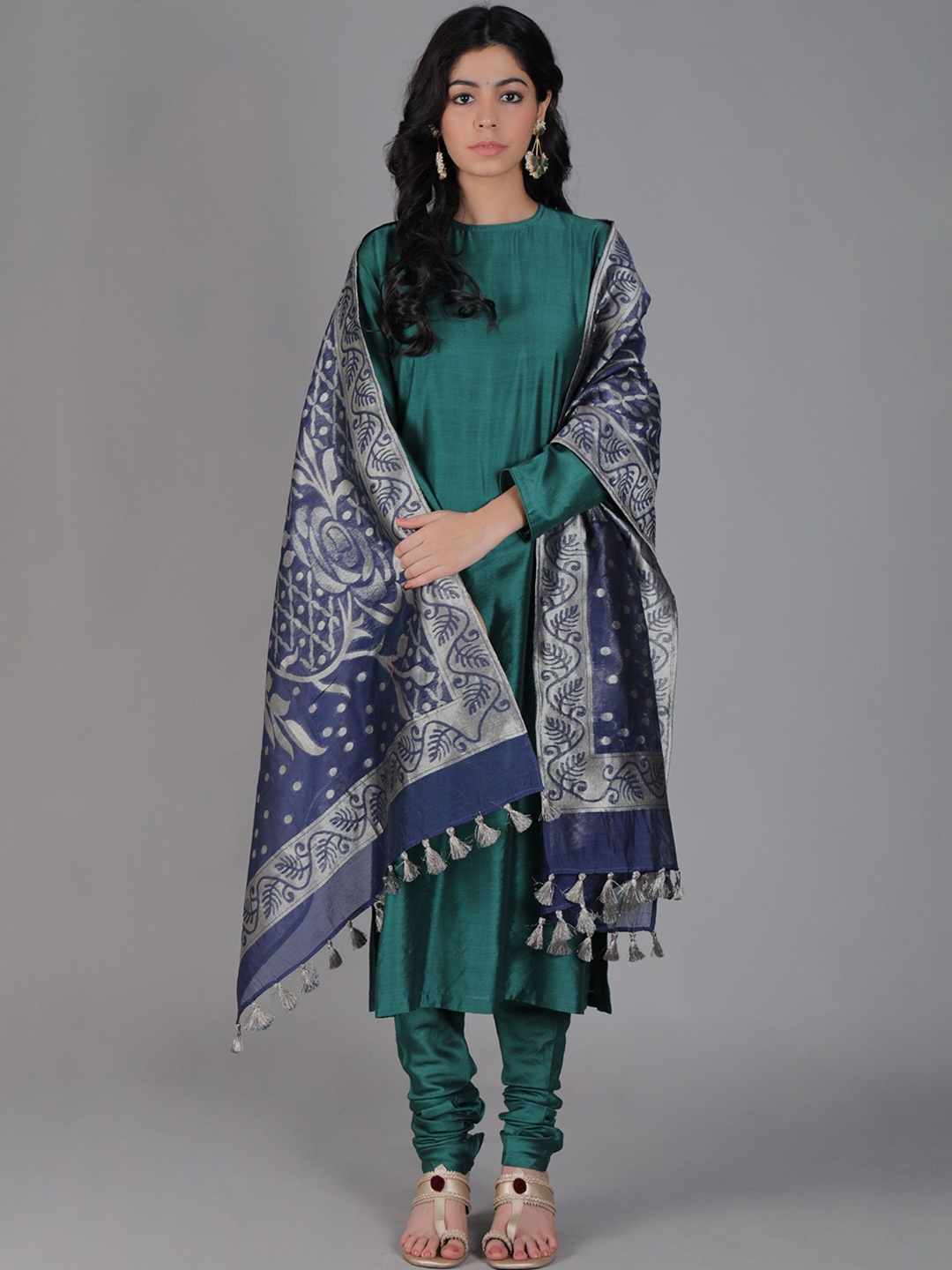 

TJORI Woven Design Dupatta with Zari, Blue