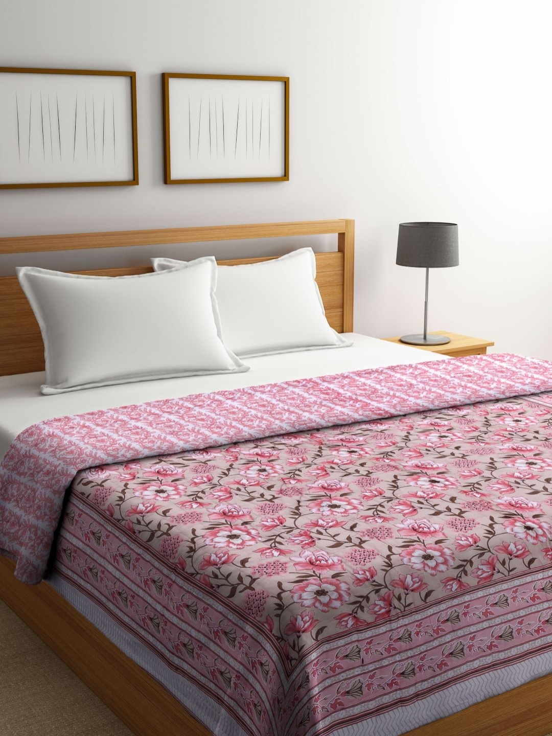 

Aura Beige & Pink Floral Mild Winter 553 GSM Double Bed Quilt