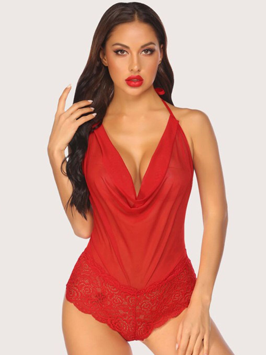 

KRENOZ Net Halter Neck Baby Doll, Red